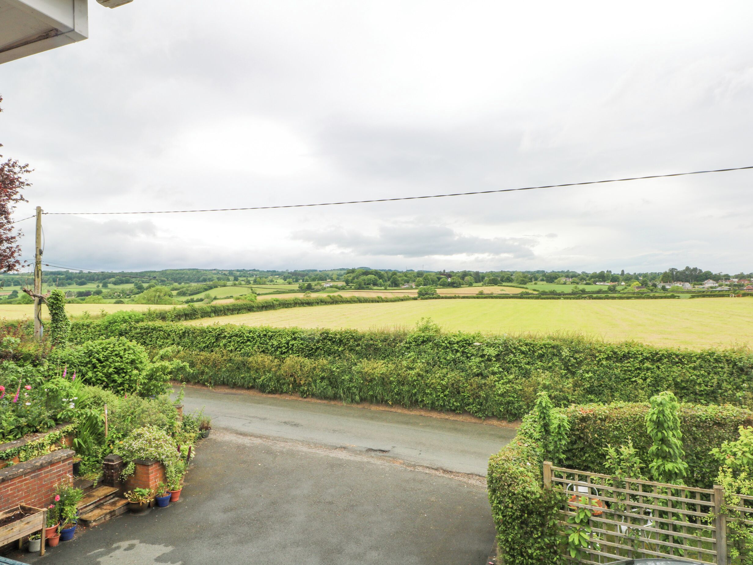 A rural landscape with a road leading to a house surrounded by greenery and fields.