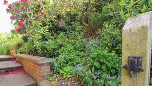 A garden with steps leading up to a wooden gate, surrounded by various plants and flowers. - Plum Hill (Oswestry)