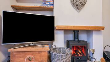 A living room with a flat-screen TV, a fireplace, and wooden shelves.