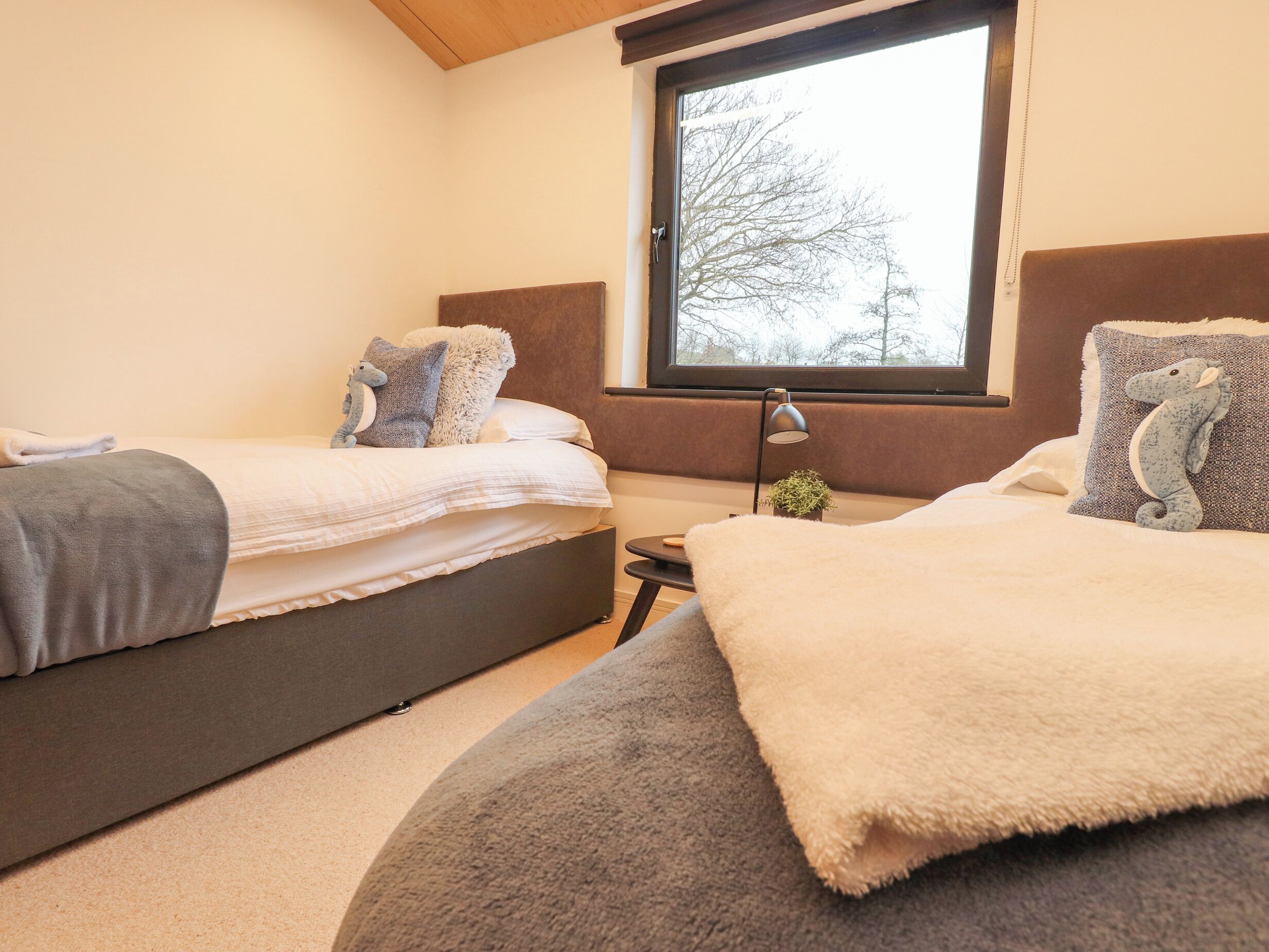 A bedroom with two beds, a window, a lamp, and a small table with a plant.