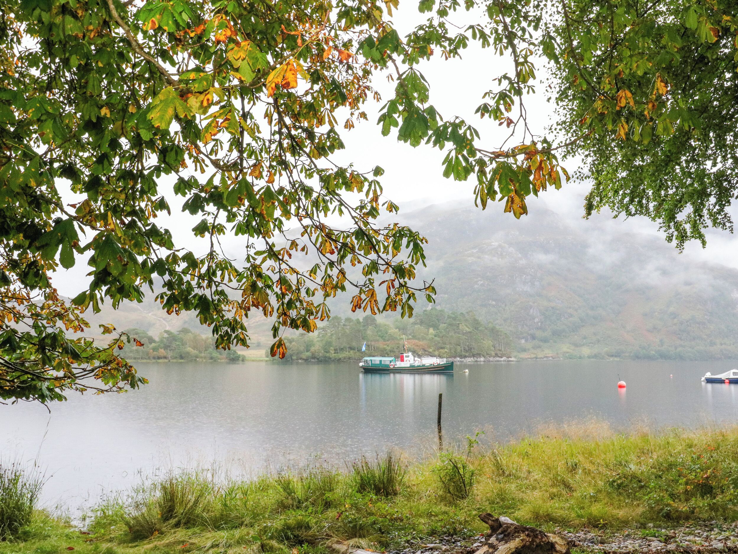 Un llac tranquil amb barques, envoltat d'arbres i muntanyes.