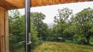 A room with a large window overlooking a grassy area with trees.