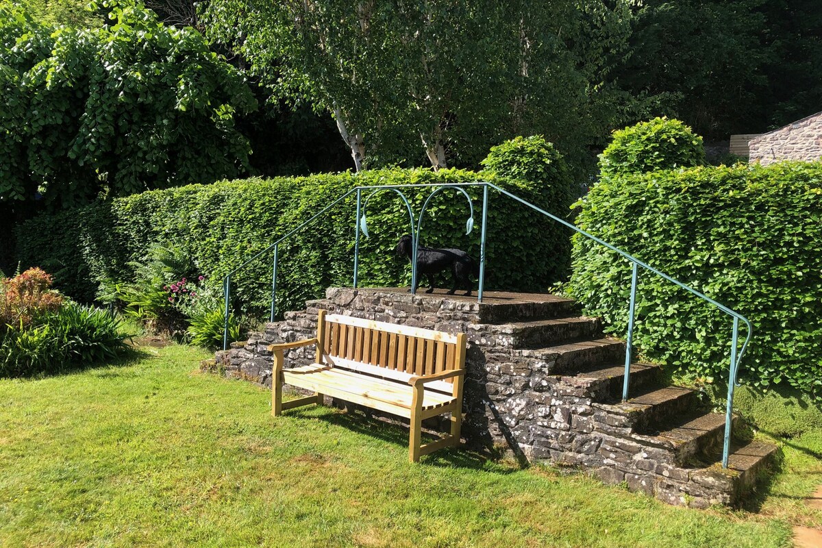 A wooden bench at the base of a stone staircase surrounded by lush greenery.
