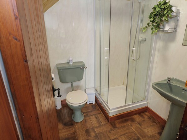 A bathroom with a toilet, a glass-enclosed shower, and a sink.
