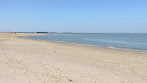 Een strand met een pier die het water in loopt, een groot schip in de verte, en een helderblauwe lucht.