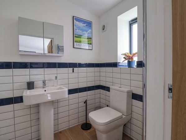 A bathroom with a white sink, a toilet, and a mirror.