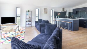 Un salon moderne avec un canapé, un téléviseur, une bibliothèque et un tapis coloré.