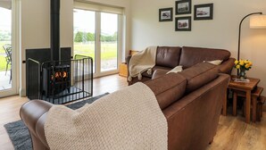 Una sala de estar acogedora con un sofá de cuero marrón, una chimenea negra y un ventanal con vistas al exterior.