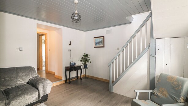 Un salon avec un canapé gris, une petite table sur laquelle est posée une plante, et un escalier.