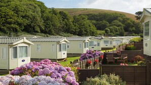 A row of mobile homes with a garden area in front, surrounded by lush greenery and hills. - Caravan 7 (Plymouth)