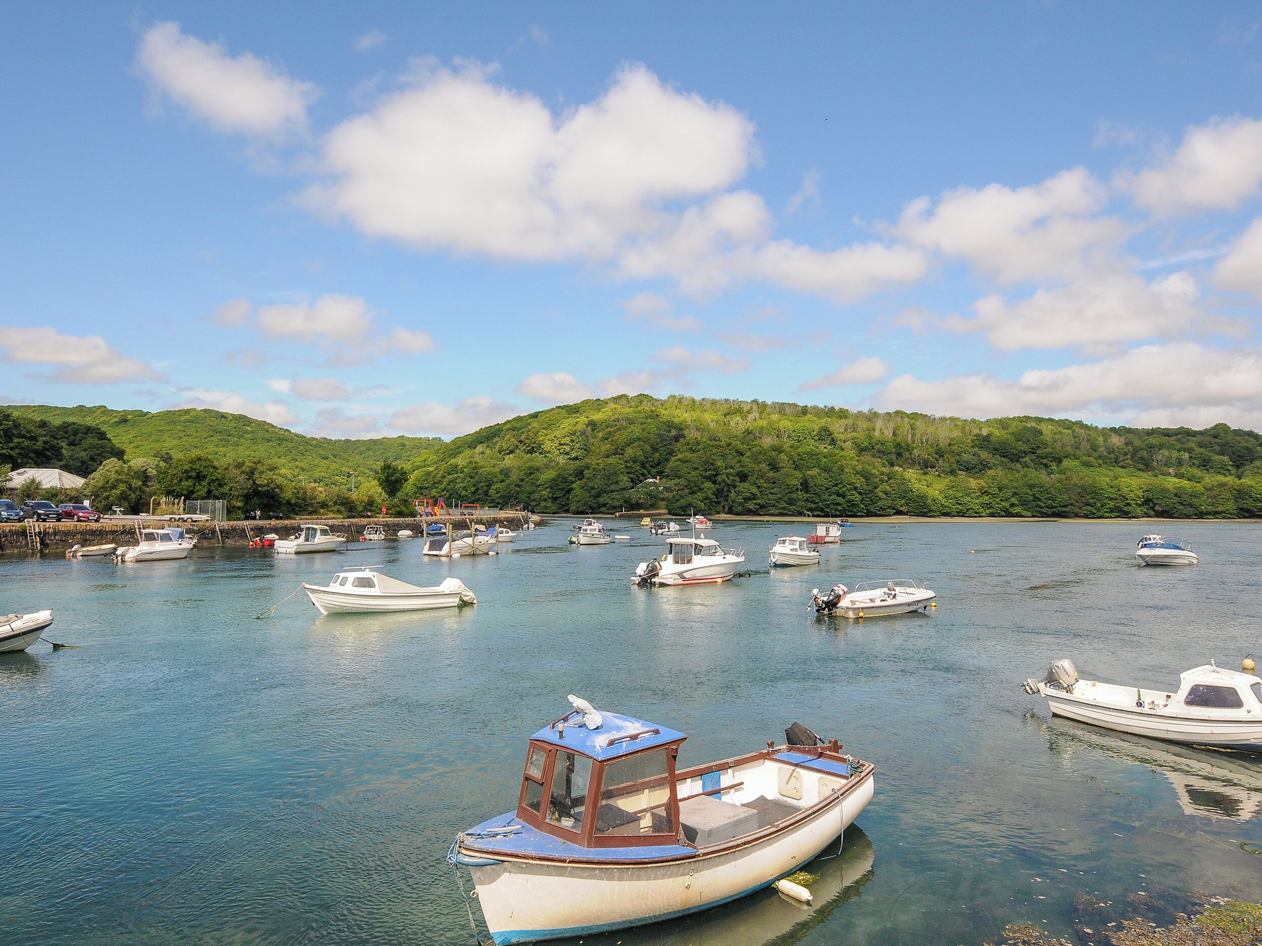 Un port de plaisance où sont amarrés plusieurs bateaux, entouré de collines verdoyantes.