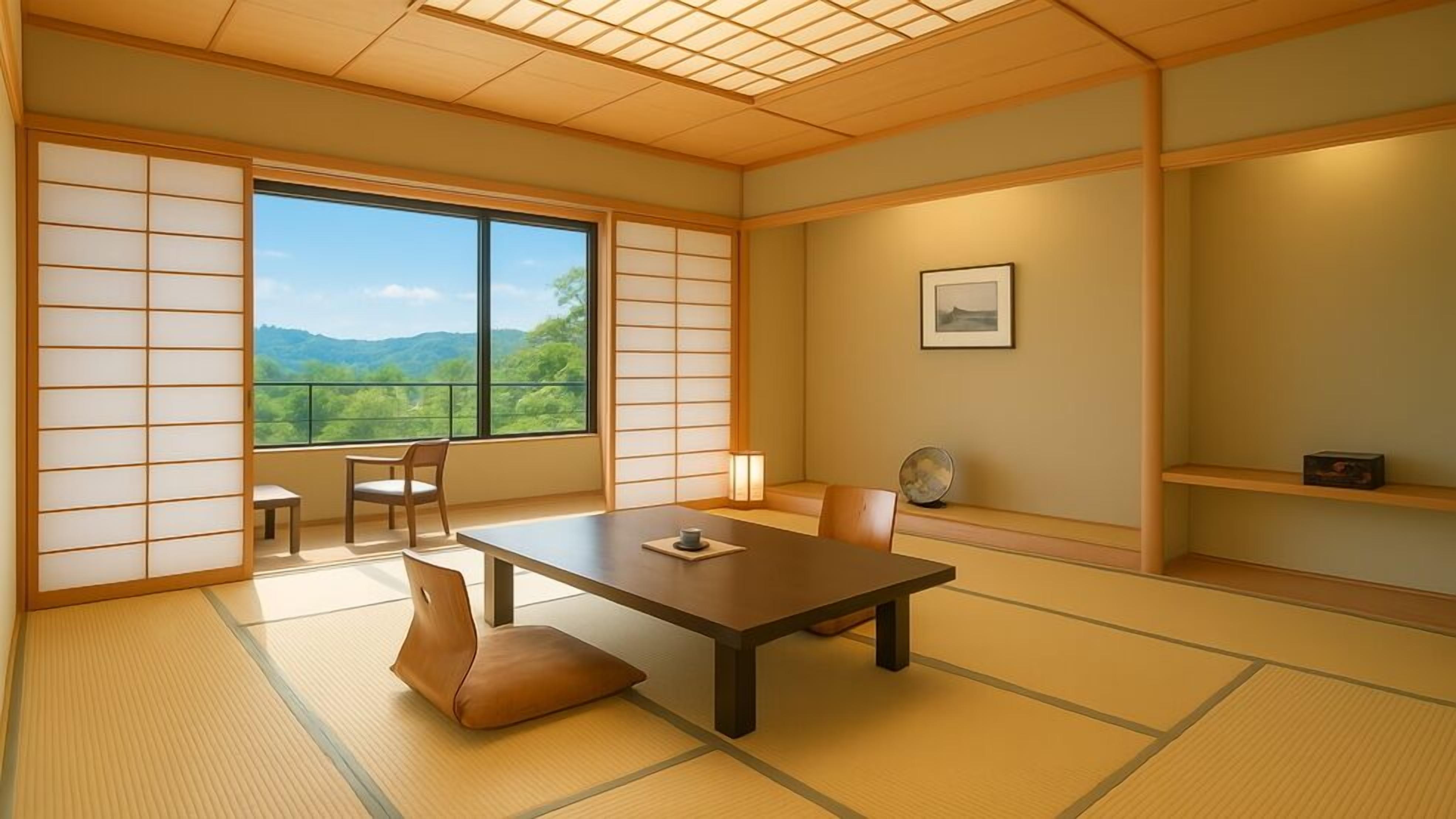 A traditional Japanese room with tatami flooring, a low table, chairs, a view of greenery, and a shelf with a framed picture.
