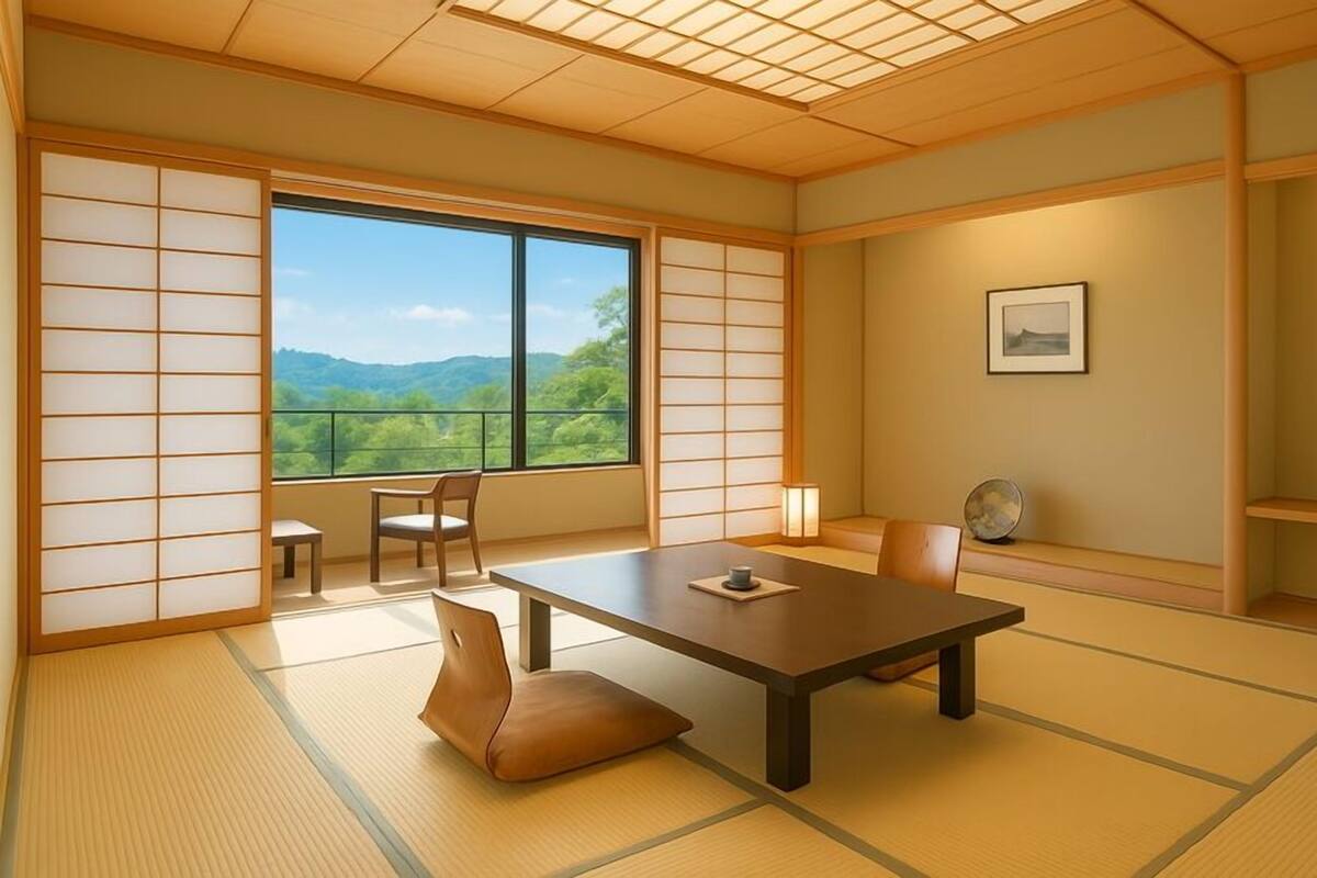 Ein traditioneller japanischer Raum mit Tatami-Boden, einem niedrigen Tisch, Stühlen, Blick ins Grüne und einem Regal mit einem gerahmten Bild.