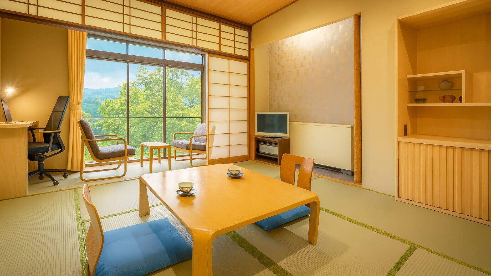 A traditional Japanese-style room with tatami flooring, a low table with a bowl, a TV, and a bookshelf.