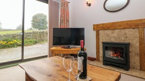 A cozy living room with a fireplace, a television, and a table with a bottle of wine and a glass.