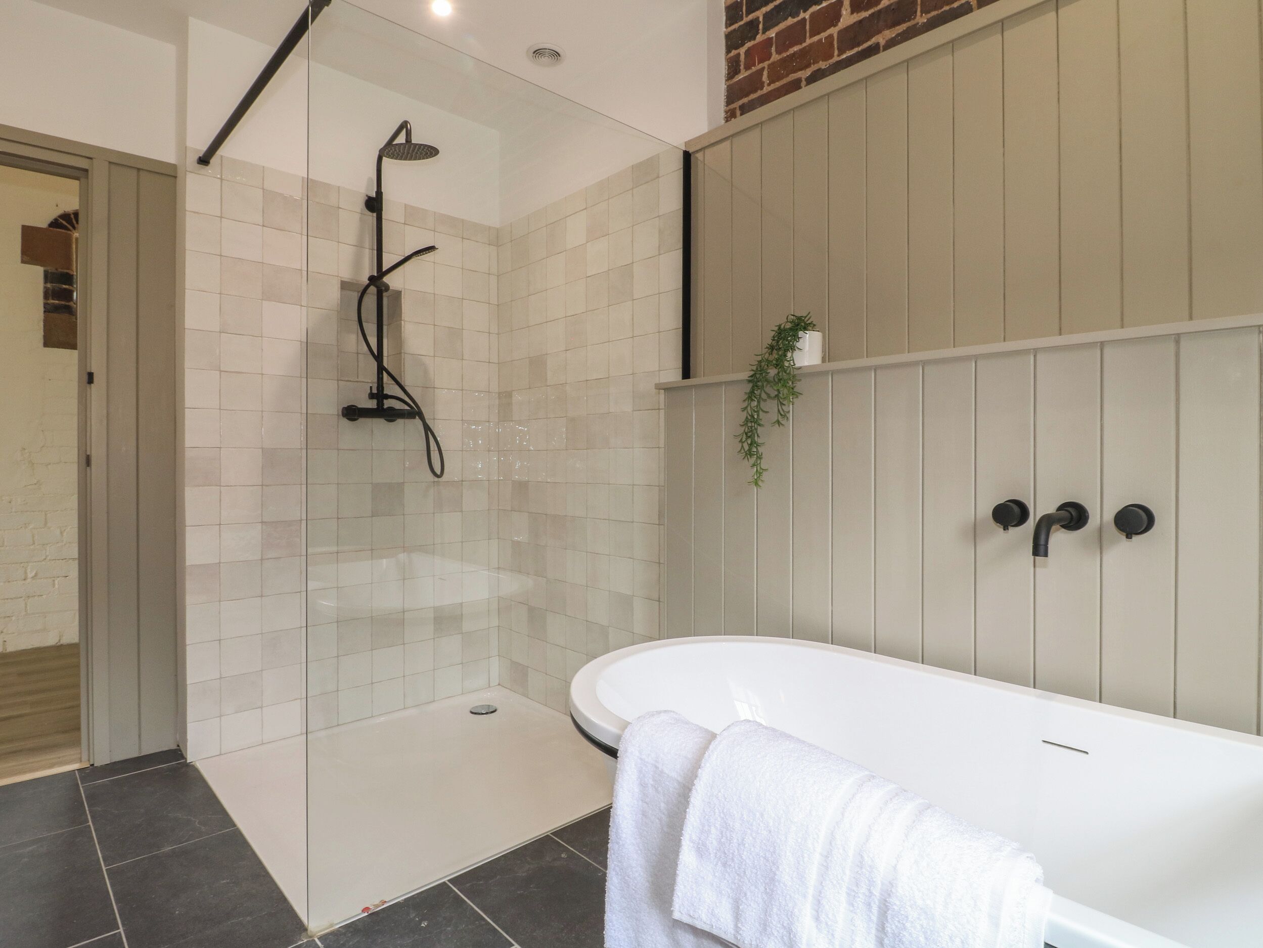 A modern bathroom with a glass-enclosed shower, a white bathtub, and a small plant on the wall.
