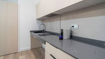 Fridge, microwave, coffee/tea maker, toaster