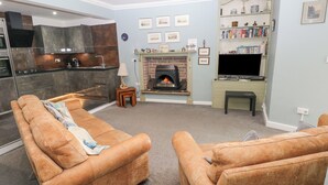 A living room with a sofa, a fireplace, a television, and a bookshelf. - Apartment 4 (Tenby)