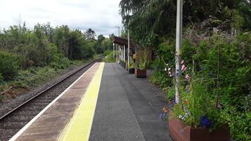 A train station platform with a yellow tactile paving path, wooden planters with flowers, and a covered waiting area.