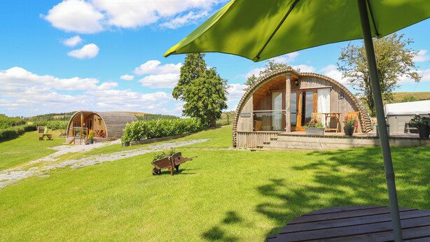 A rustic wooden cabin with a covered porch, surrounded by a lush green lawn and a clear blue sky. - Oak View (Llangadog)
