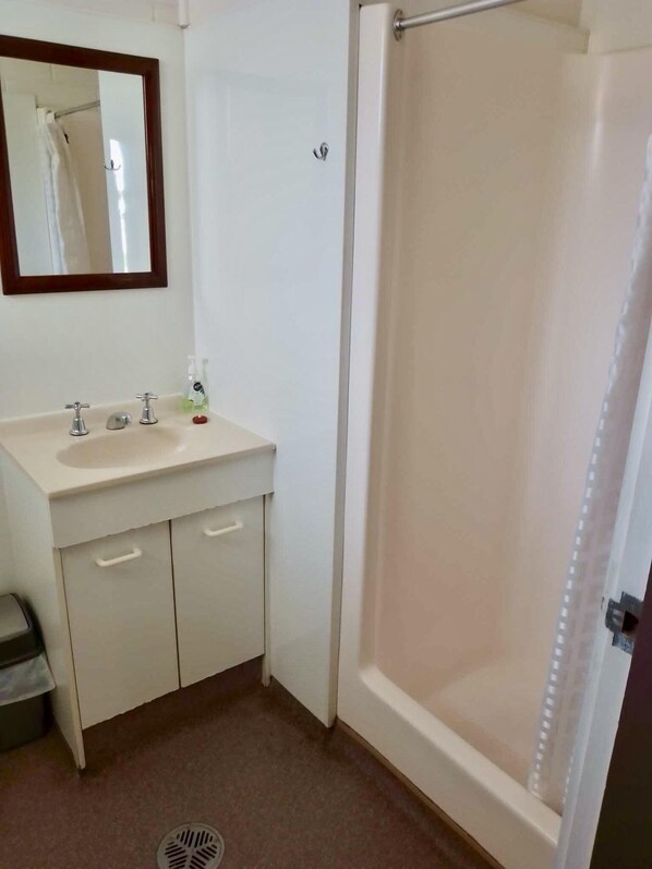 A bathroom with a sink, mirror, and shower. - Cootamundra Caravan Park (Cootamundra)