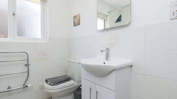 A bathroom with a toilet, a sink, a mirror, and a window.