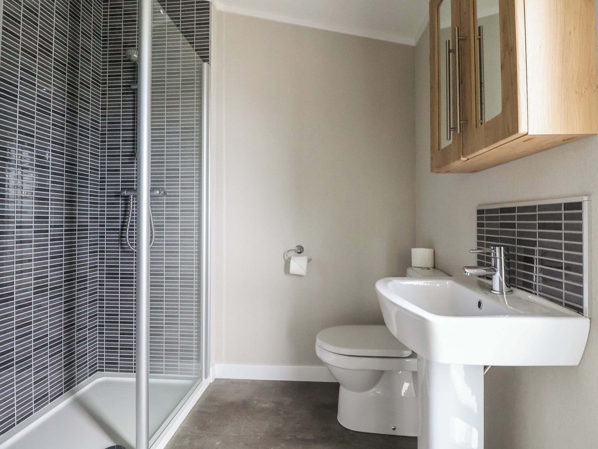 A bathroom with a glass shower enclosure, a white toilet, and a sink with a mirror above.