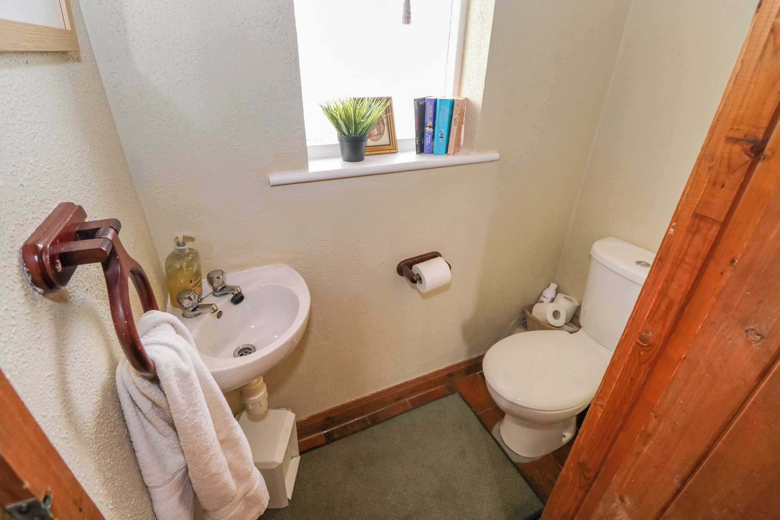 A small bathroom with a sink, toilet, and a window shelf with books and a plant.