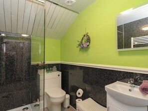 A bathroom with a green wall, a white toilet, a black sink, and a mirror above the sink. - Garden Lodge (Pitlochry)