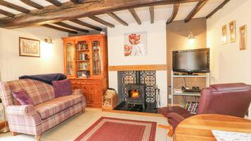 A cozy living room with a fireplace, a sofa, a TV, and a wooden cabinet.