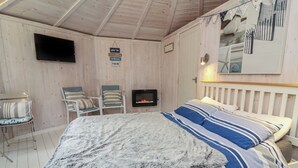 Une chambre à coucher avec un lit, une télévision, une cheminée et un miroir.