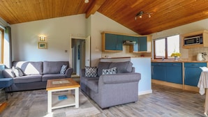 A cozy living room with two sofas, a coffee table, and a kitchen area with blue cabinets and a microwave.