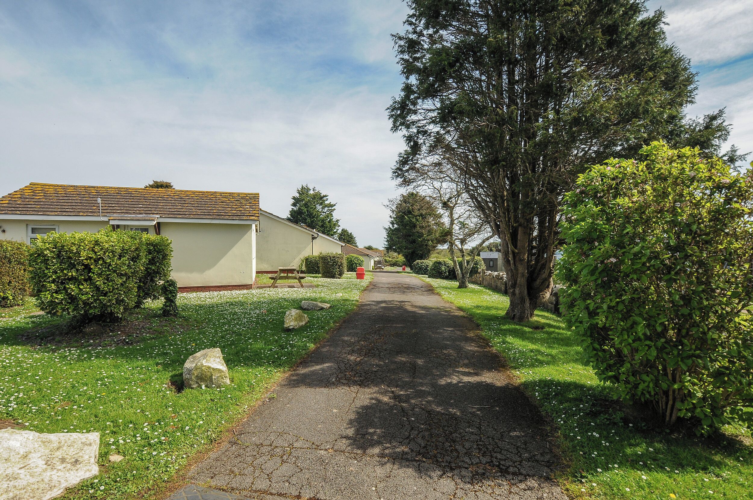 A pathway leading to a building with a tiled roof, surrounded by greenery and trees.