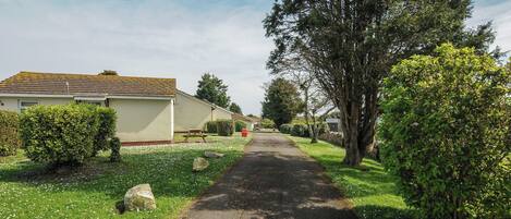 A pathway leading to a building with a tiled roof, surrounded by greenery and trees.