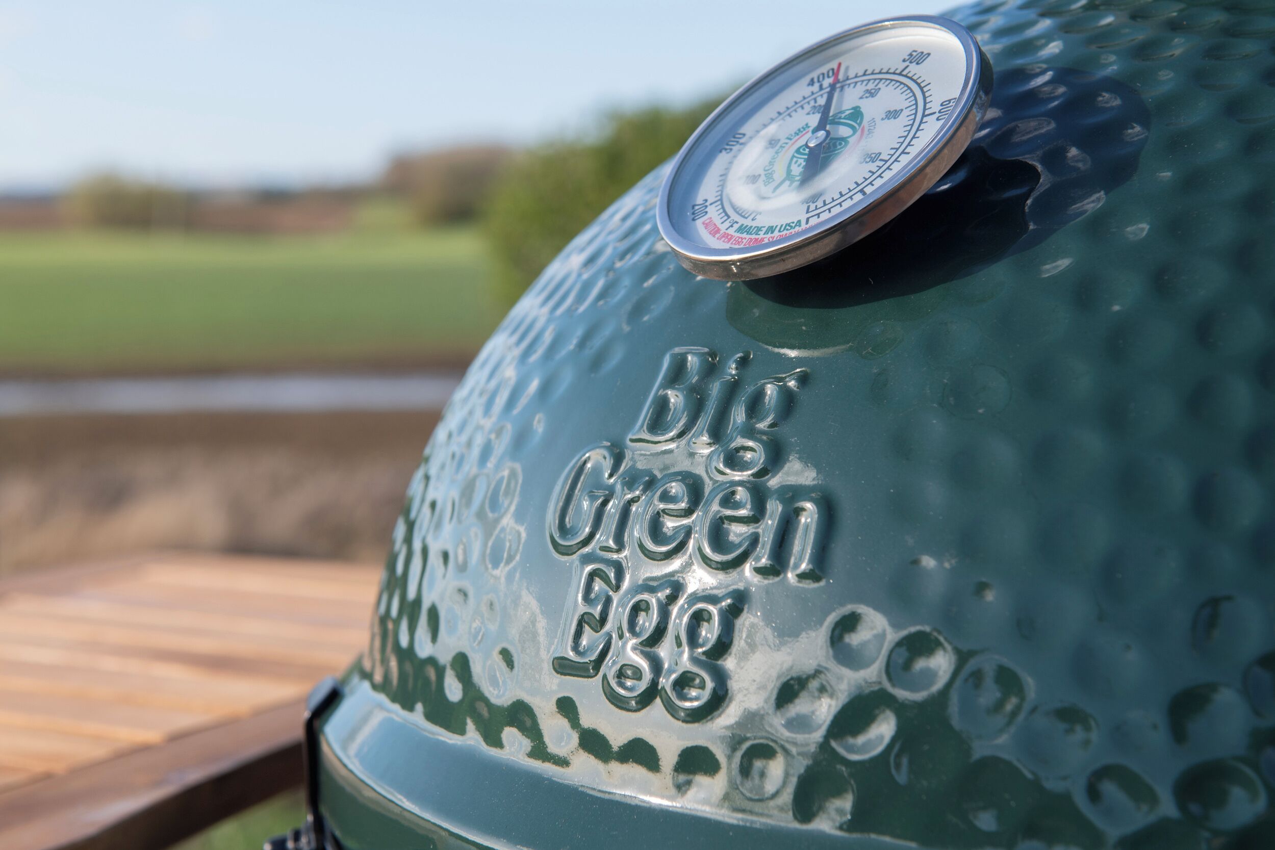 A close-up of a grill with the text "Big Green Egg" and a thermometer.