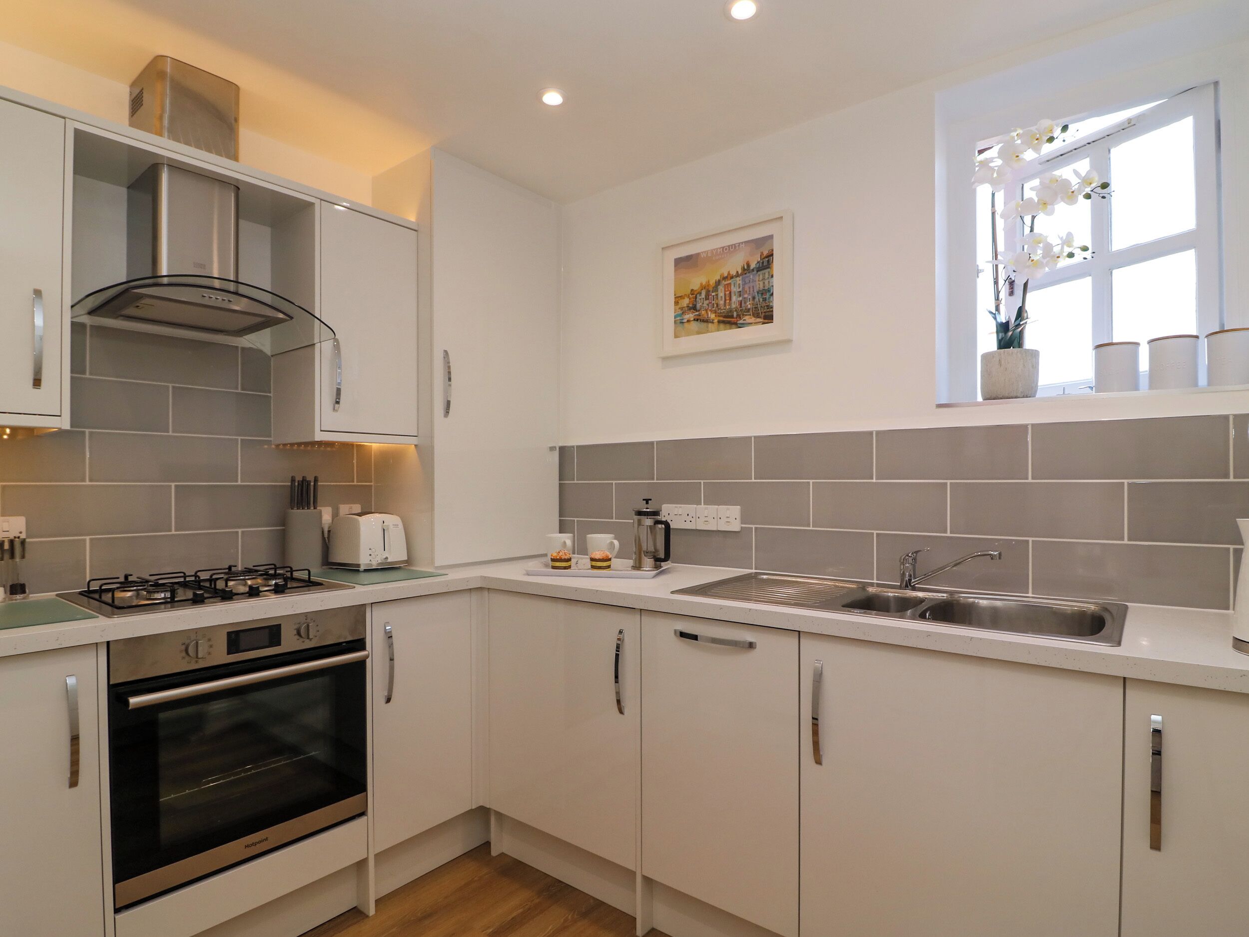 Fridge, dishwasher, electric kettle, toaster