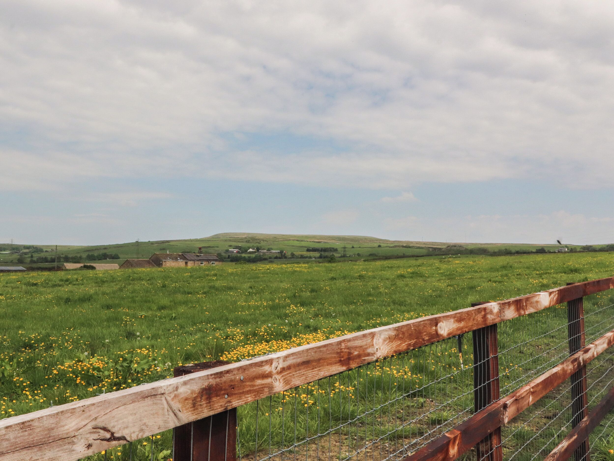 Ländliche Landschaft mit Holzzaun, Wiese mit gelben Blumen und Hügel mit Gebäuden in der Ferne.