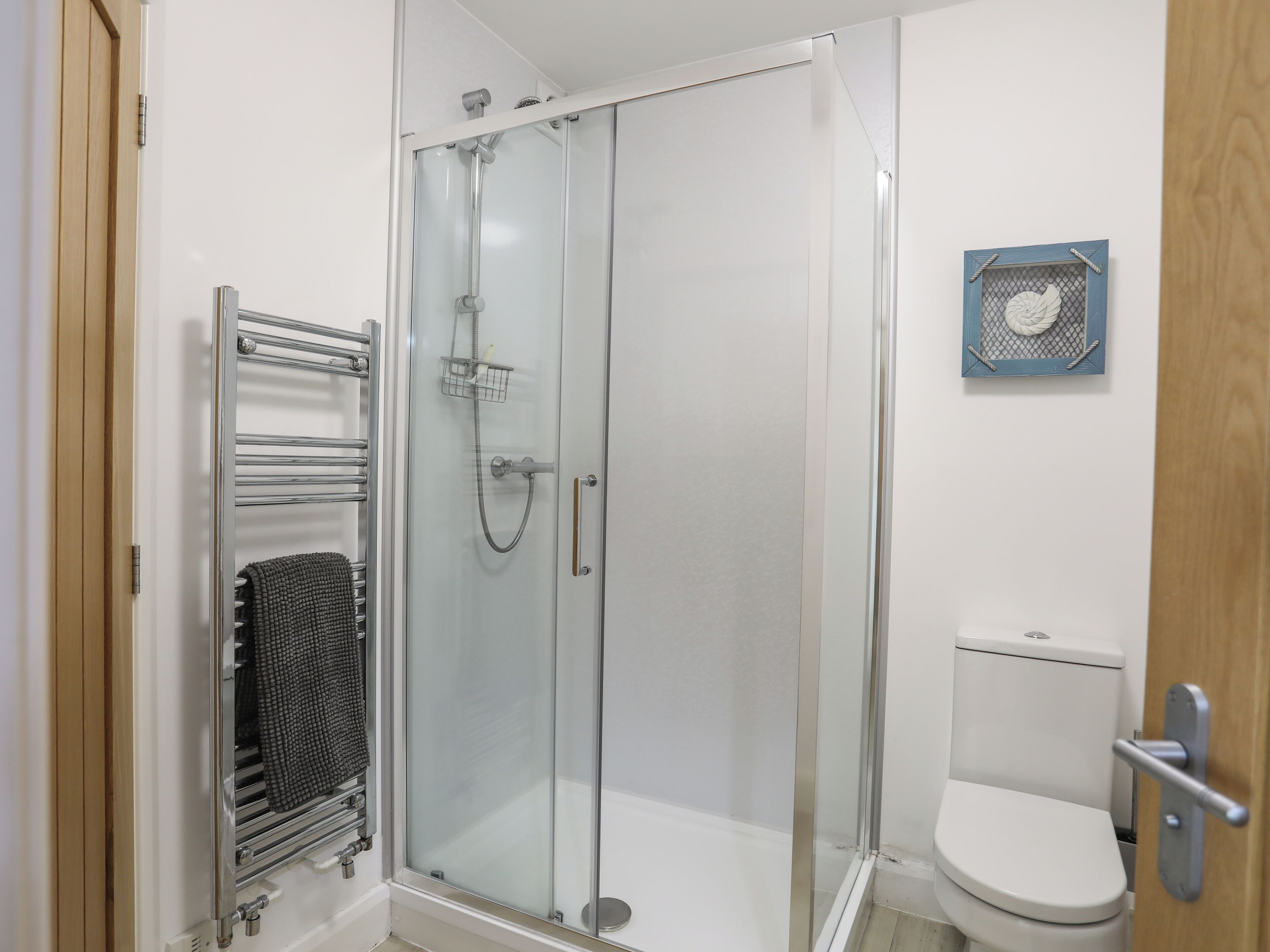 A modern bathroom with a glass-enclosed shower, a towel rack, and a toilet.