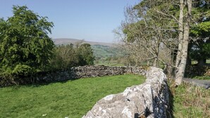 A stone wall with a grassy field and trees in the background. - Tethera Cottage (Penrith)
