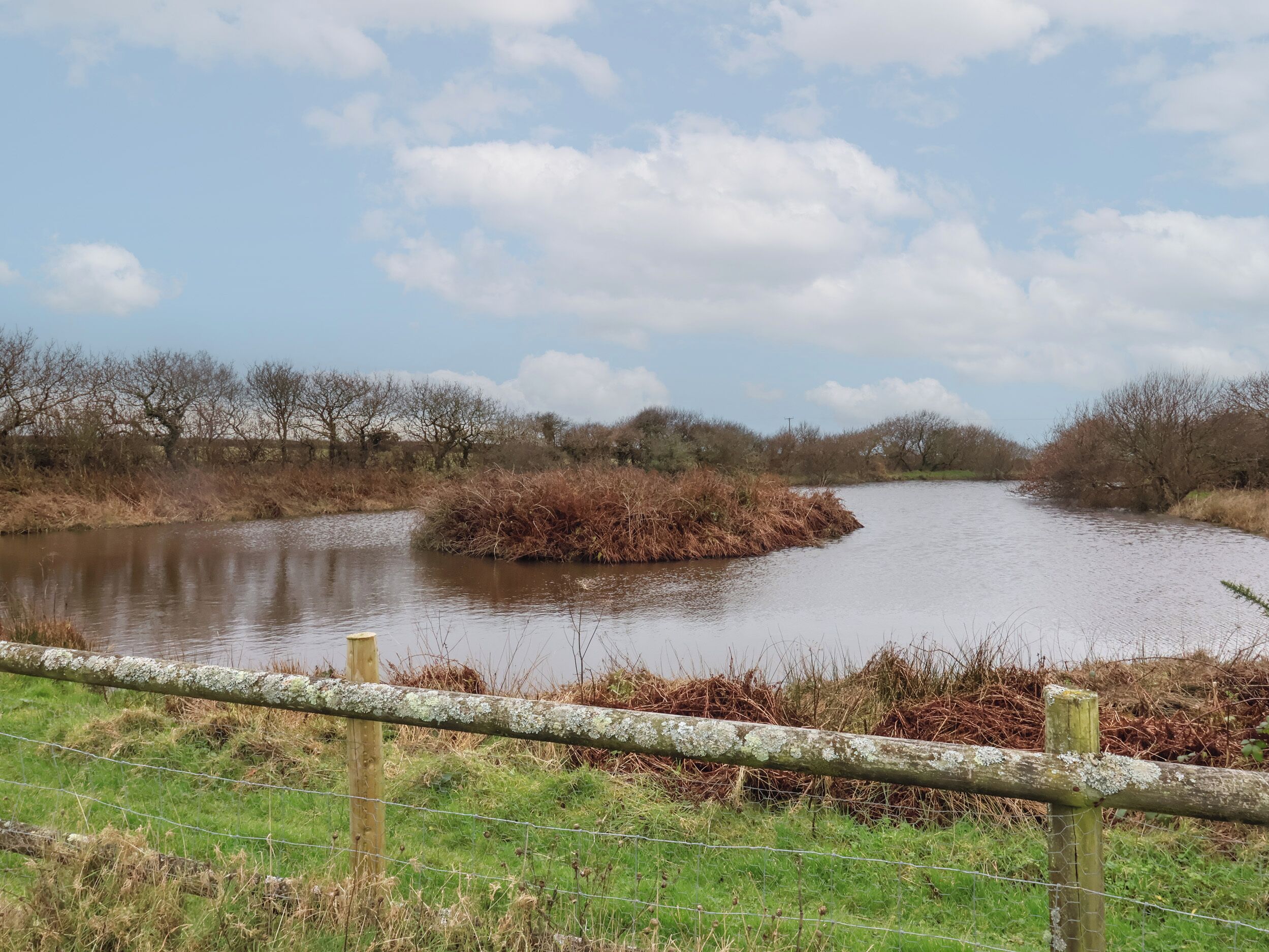 A river with a wooden fence in the foreground.