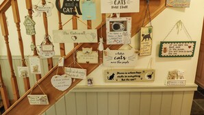Un escalier agrémenté de divers panneaux et décorations sur le thème des chats.