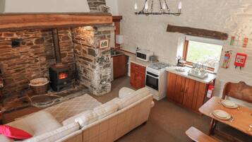 Una cocina acogedora con pared de piedra, estufa de leña, microondas y cocina a gas.