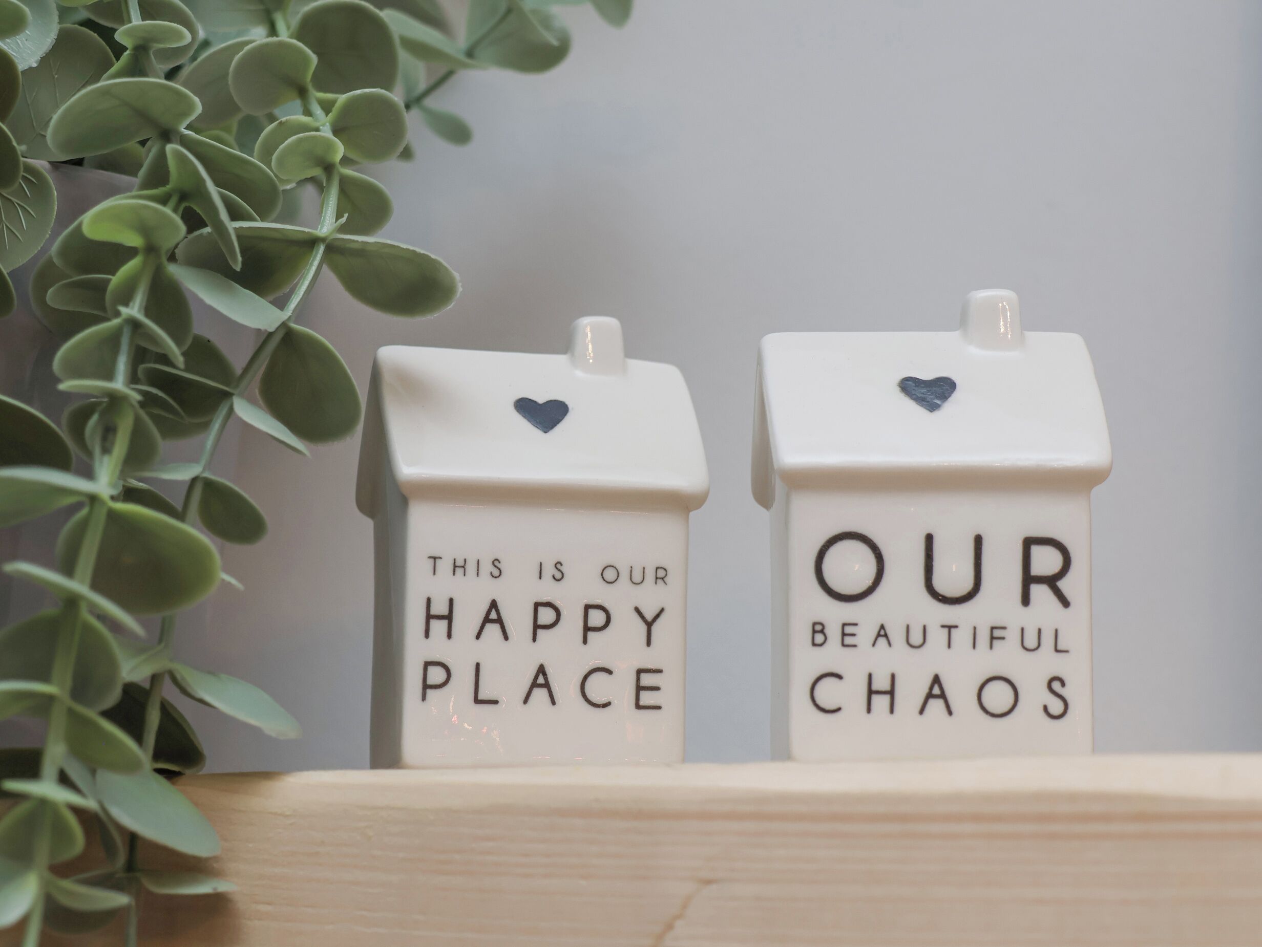 Two white ceramic blocks with inscriptions, placed on a wooden surface with a green plant in the background.
