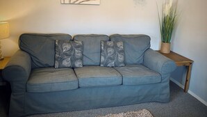 Un canapé gris agrémenté de coussins à motifs de paon, une œuvre d’art abstraite accrochée au mur, une plante verte suspendue et une grande plante en pot posée sur une table d’appoint en bois.
