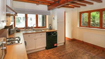 Fridge, electric kettle, toaster, cookware/dishes/utensils