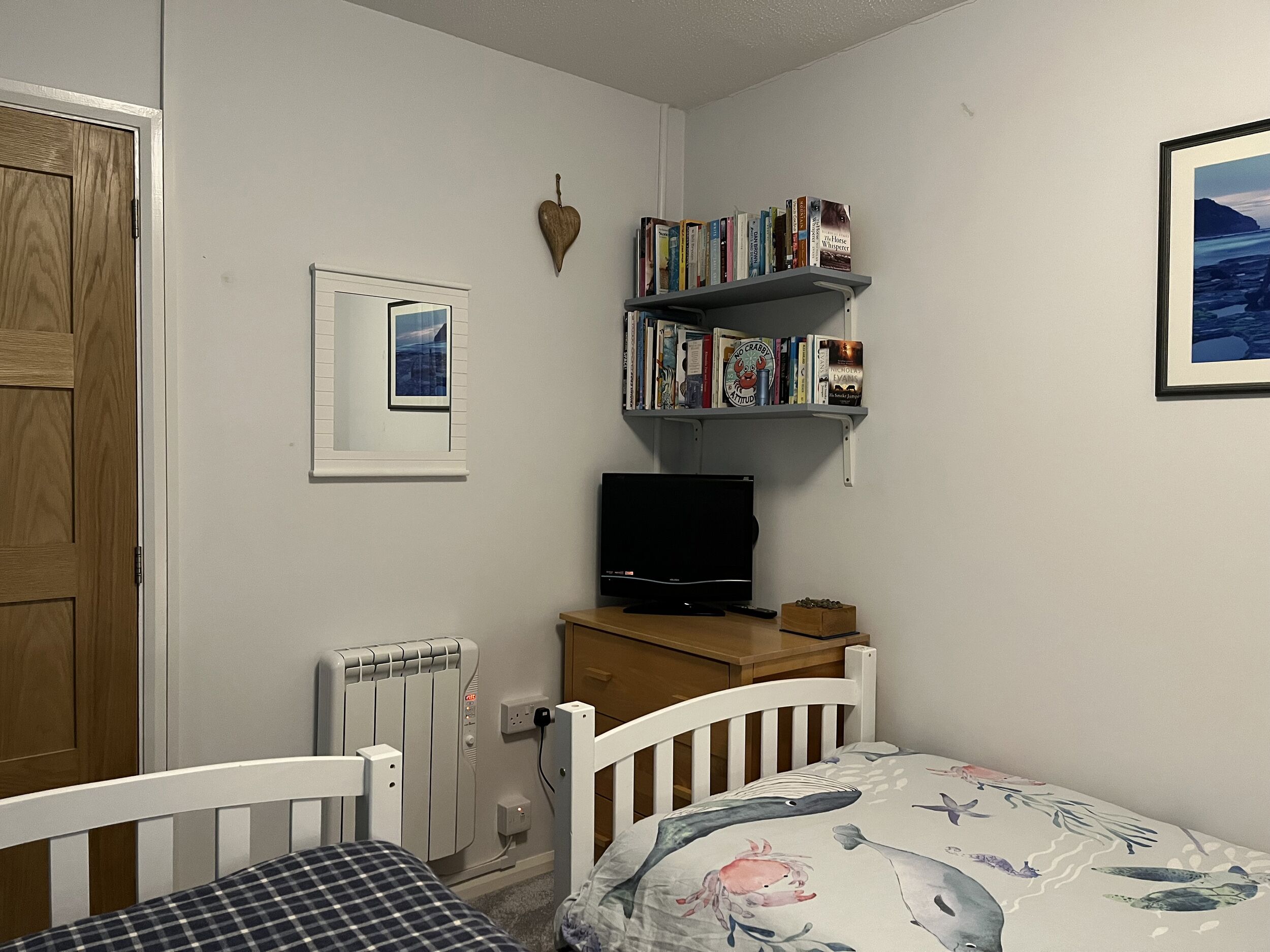 Ein Schlafzimmer mit einem Bett, einer Holzkommode, einem Fernseher, einem Bücherregal und einem Fenster.