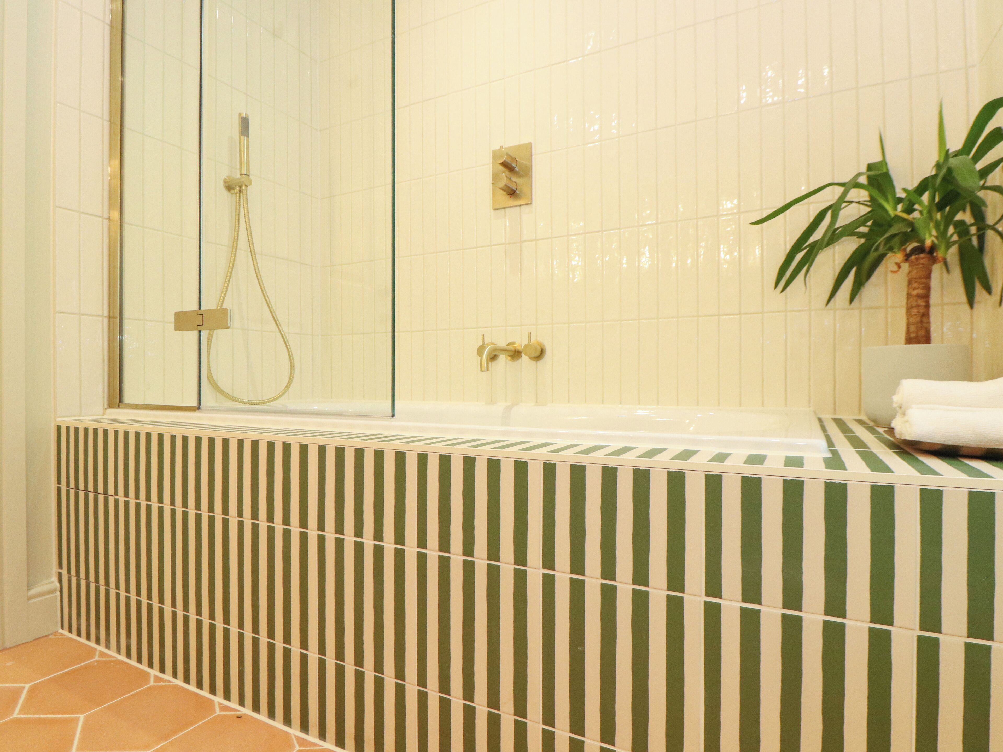 A bathroom with a bathtub, a shower, and a potted plant.