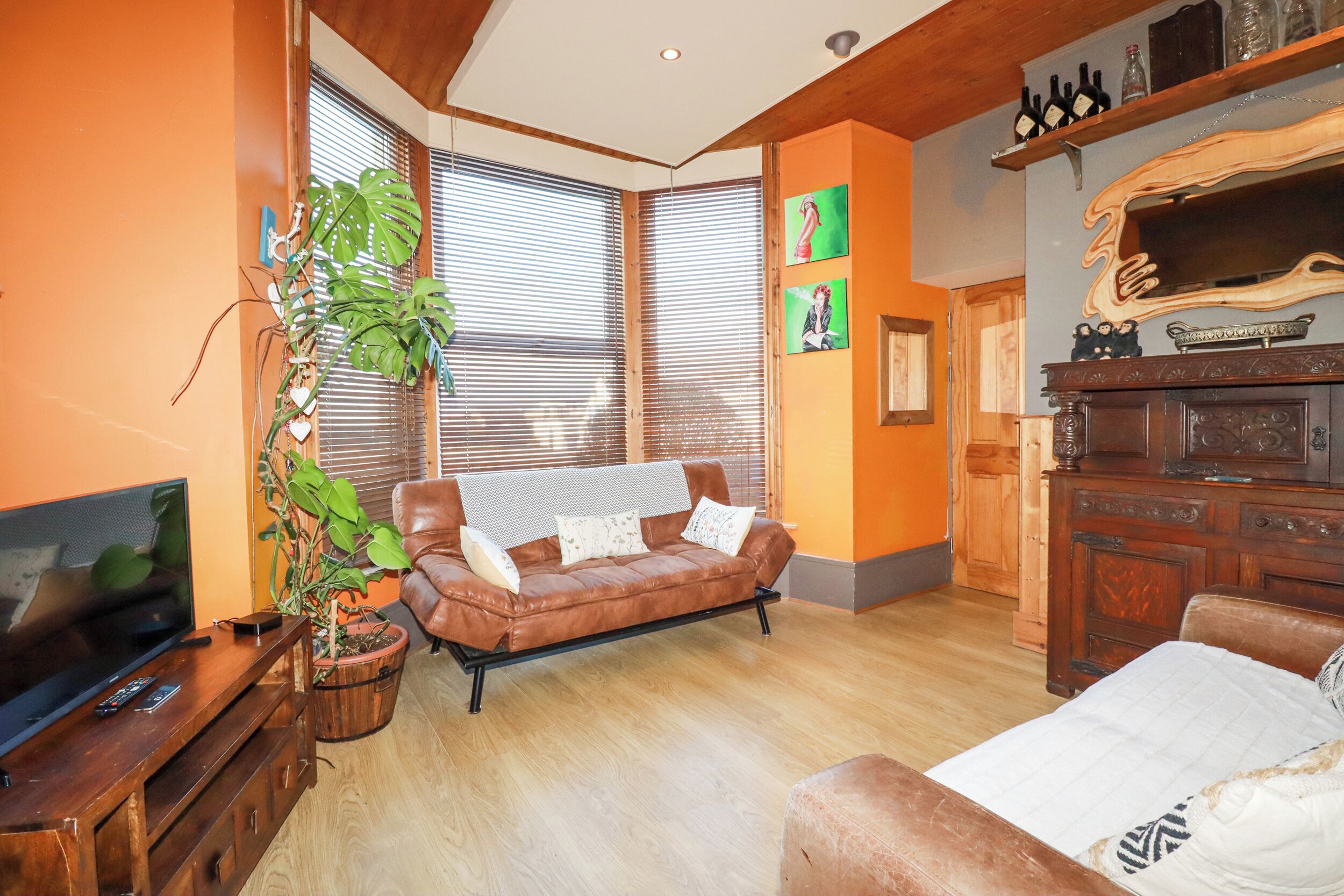 A living room with a brown leather sofa, a television on a wooden stand, a large potted plant, and a wooden cabinet with decorative items.