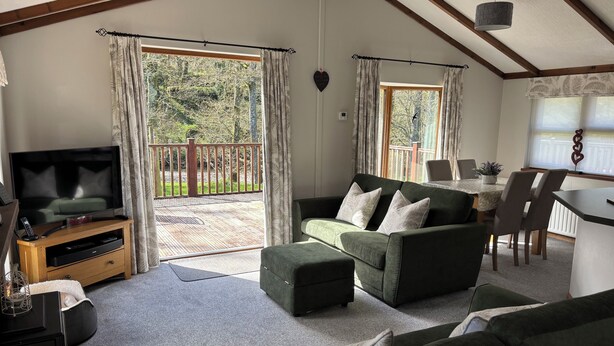 A spacious living area with a large flat-screen TV, green sofas, a wooden entertainment unit, and a dining area with a table and chairs.