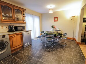 Fridge, electric kettle, toaster, cookware/dishes/utensils